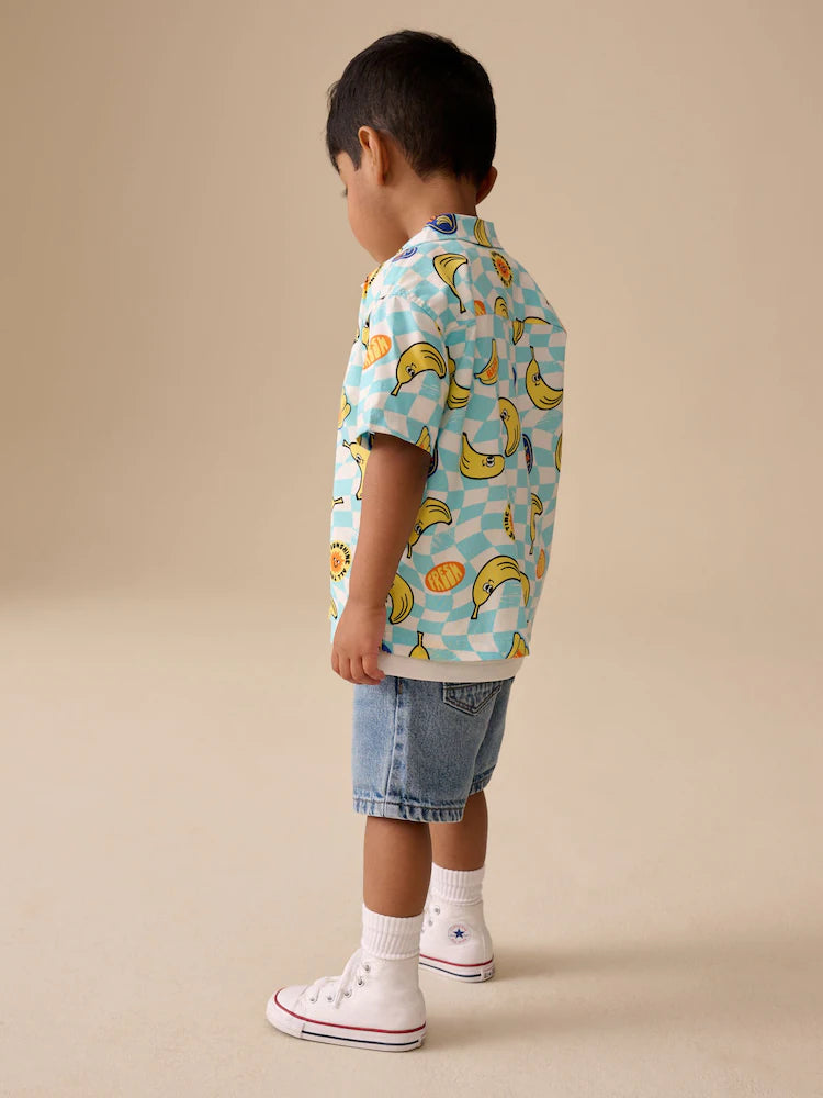 |Boy| Conjunto De Camiseta e Camisa De Manga Curta Com Estampa De Bananas Em Tons De azul e amarelo (6 meses a 7 anos)