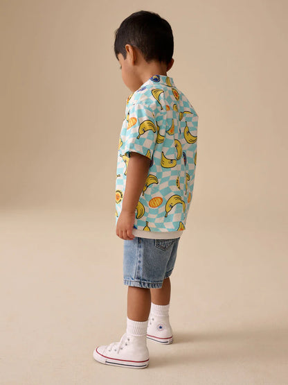 |Boy| Conjunto De Camiseta e Camisa De Manga Curta Com Estampa De Bananas Em Tons De azul e amarelo (6 meses a 7 anos)