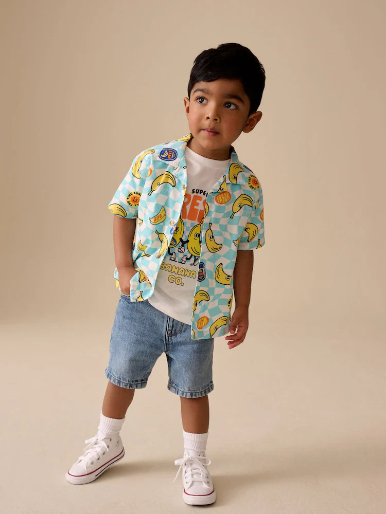 |Boy| Conjunto De Camiseta e Camisa De Manga Curta Com Estampa De Bananas Em Tons De azul e amarelo (6 meses a 7 anos)