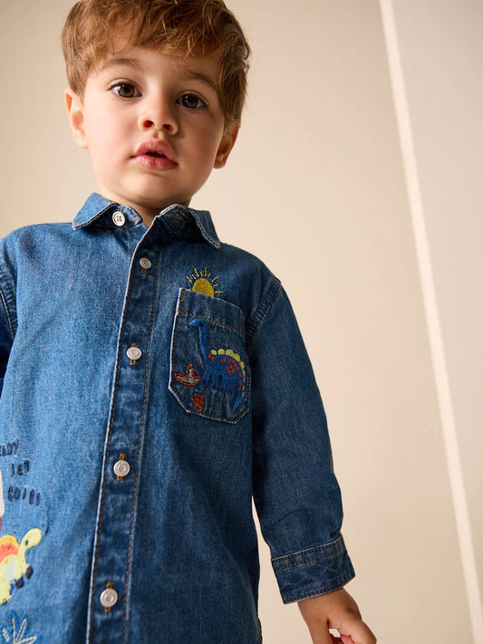 |Boy| Camisa Jeans De Manga Comprida Com Bordado De Dinossauro Azul (3 meses a 7 anos)