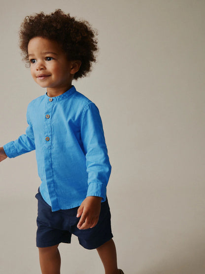 |Boy| Camisa Azul Cobalto Com Gola Padre Em Mistura De Linho (3 meses a 7 anos)