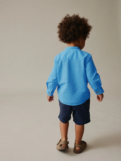 |Boy| Camisa Azul Cobalto Com Gola Padre Em Mistura De Linho (3 meses a 7 anos)