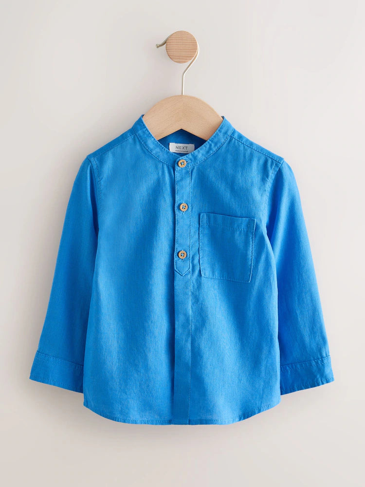 |Boy| Camisa Azul Cobalto Com Gola Padre Em Mistura De Linho (3 meses a 7 anos)