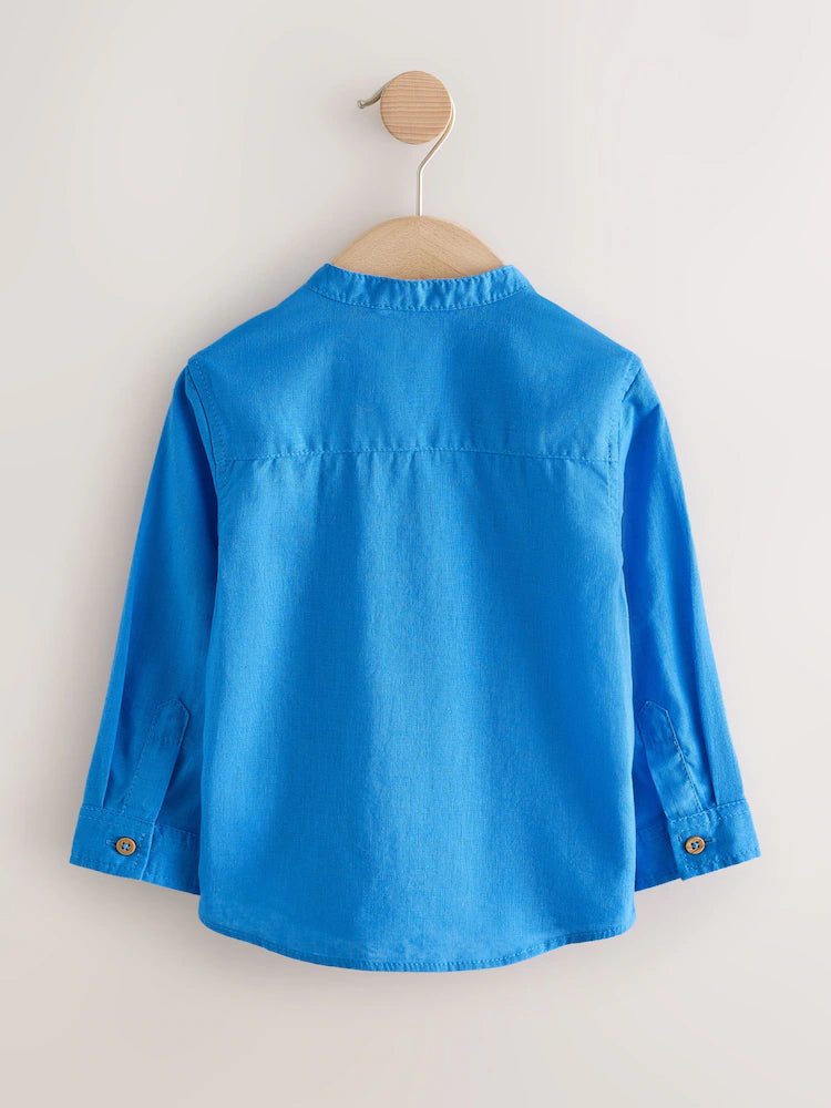 |Boy| Camisa Azul Cobalto Com Gola Padre Em Mistura De Linho (3 meses a 7 anos)