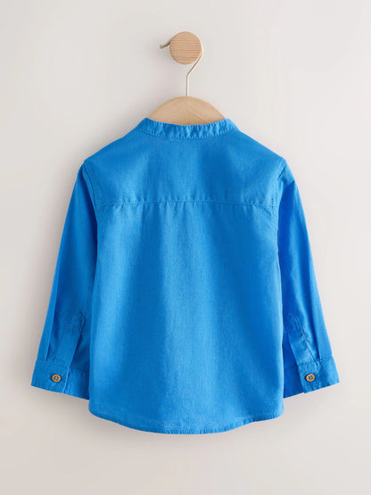 |Boy| Camisa Azul Cobalto Com Gola Padre Em Mistura De Linho (3 meses a 7 anos)