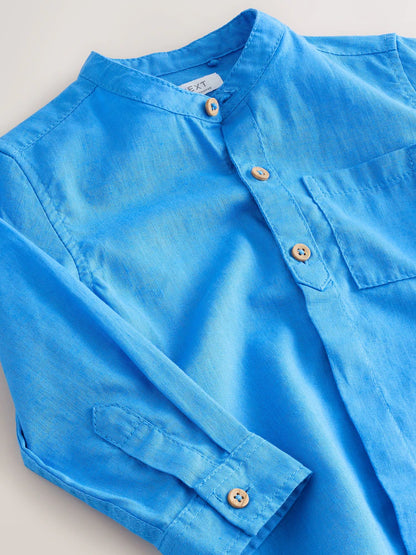 |Boy| Camisa Azul Cobalto Com Gola Padre Em Mistura De Linho (3 meses a 7 anos)