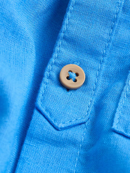 |Boy| Camisa Azul Cobalto Com Gola Padre Em Mistura De Linho (3 meses a 7 anos)