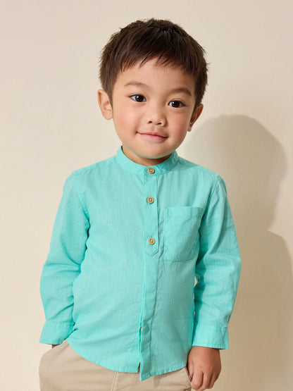|Boy| Camisa Azul-Turquesa Com Gola Padre Em Mistura De Linho (3 meses a 7 anos)