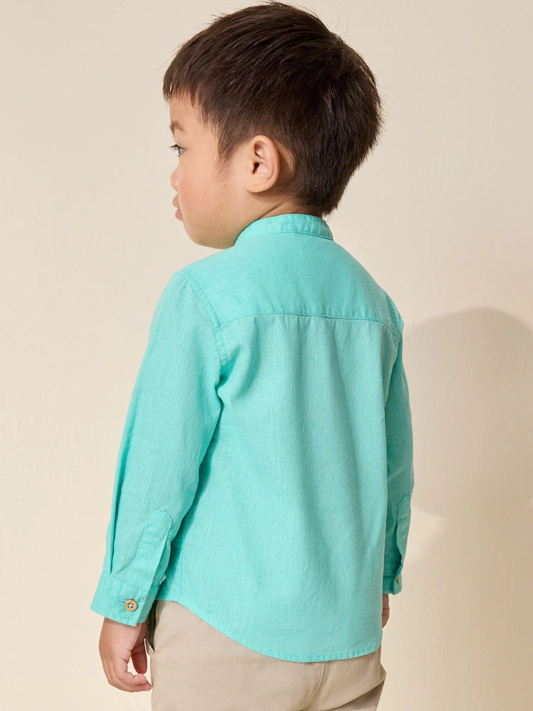 |Boy| Camisa Azul-Turquesa Com Gola Padre Em Mistura De Linho (3 meses a 7 anos)