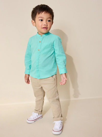 |Boy| Camisa Azul-Turquesa Com Gola Padre Em Mistura De Linho (3 meses a 7 anos)