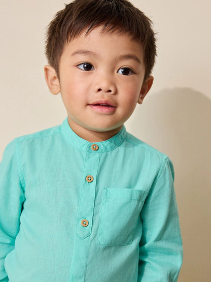 |Boy| Camisa Azul-Turquesa Com Gola Padre Em Mistura De Linho (3 meses a 7 anos)