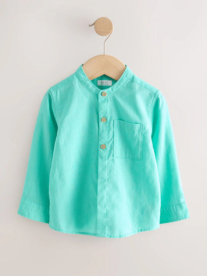 |Boy| Camisa Azul-Turquesa Com Gola Padre Em Mistura De Linho (3 meses a 7 anos)