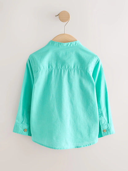 |Boy| Camisa Azul-Turquesa Com Gola Padre Em Mistura De Linho (3 meses a 7 anos)