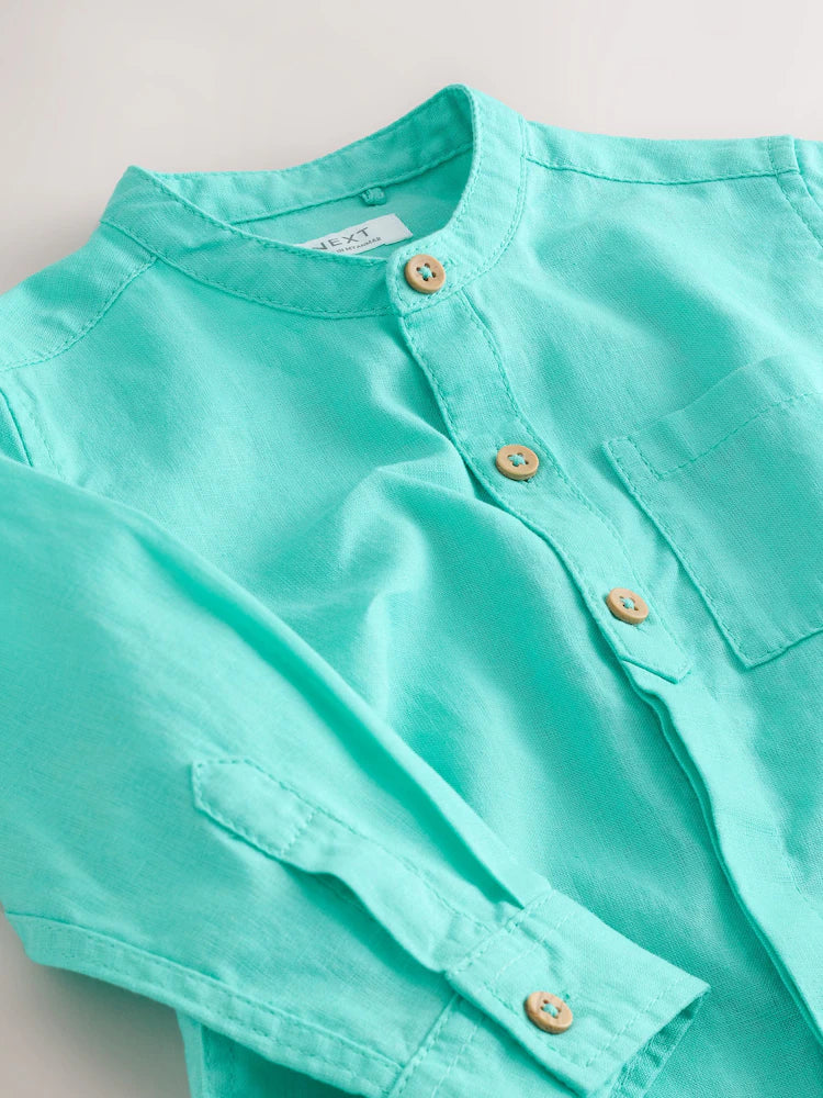 |Boy| Camisa Azul-Turquesa Com Gola Padre Em Mistura De Linho (3 meses a 7 anos)