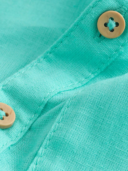 |Boy| Camisa Azul-Turquesa Com Gola Padre Em Mistura De Linho (3 meses a 7 anos)