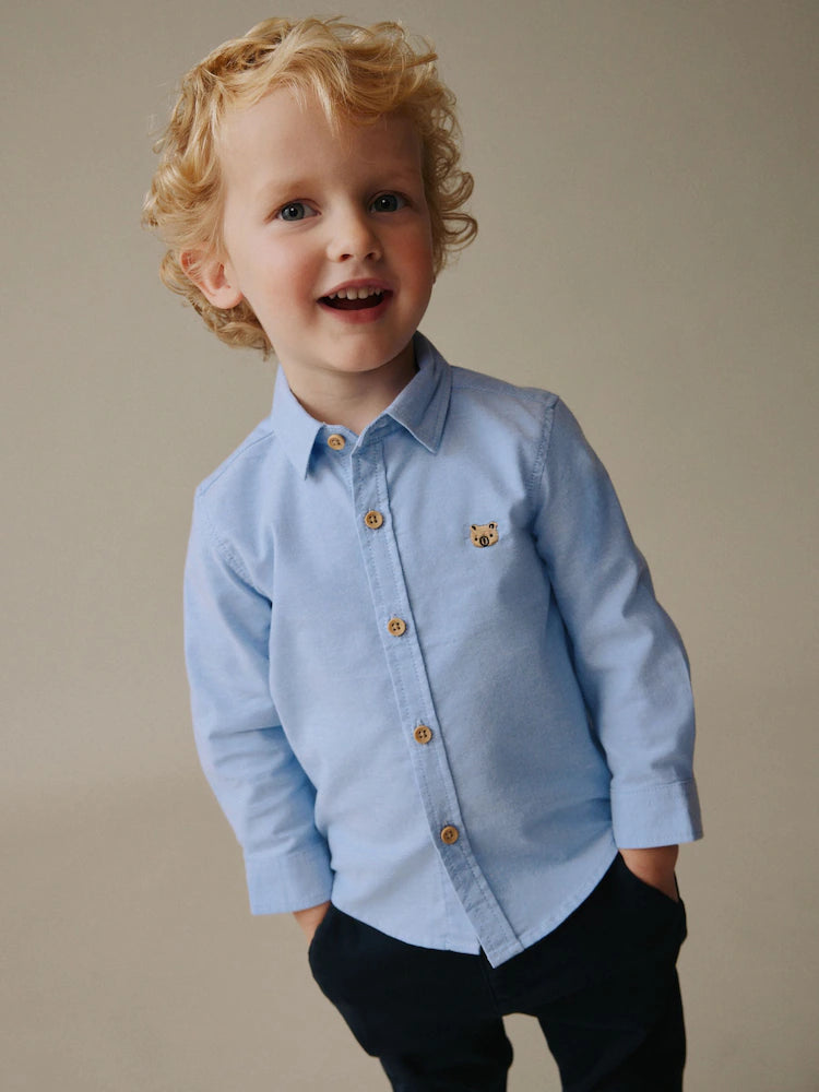 |Boy| Camisa Oxford de Manga Longa com Estampa de Personagem – Azul-Médio (3 meses a 7 anos)