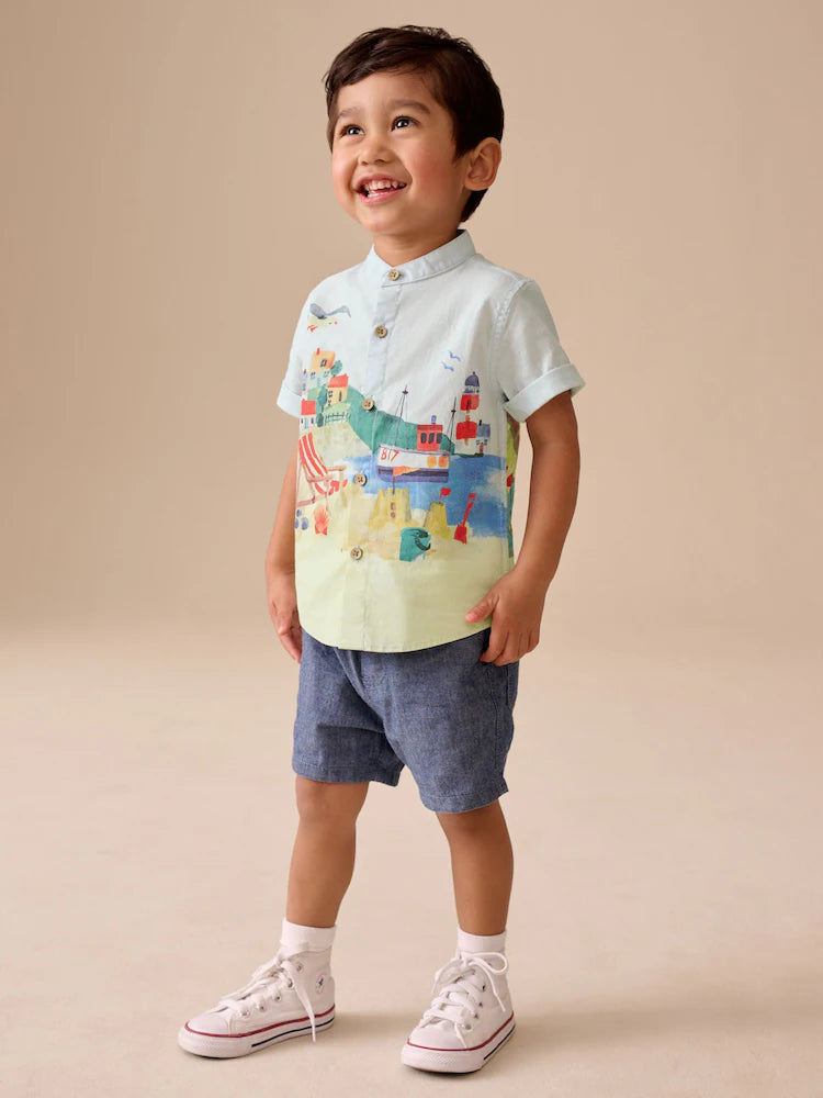 |Boy| Camisa De Manga Curta Com Estampa De Cena Litorânea Azul e Gola Padre (3 meses a 7 anos)