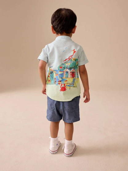 |Boy| Camisa De Manga Curta Com Estampa De Cena Litorânea Azul e Gola Padre (3 meses a 7 anos)