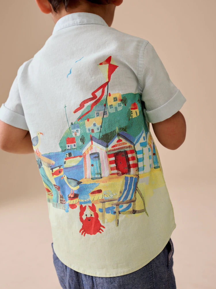 |Boy| Camisa De Manga Curta Com Estampa De Cena Litorânea Azul e Gola Padre (3 meses a 7 anos)