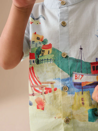 |Boy| Camisa De Manga Curta Com Estampa De Cena Litorânea Azul e Gola Padre (3 meses a 7 anos)
