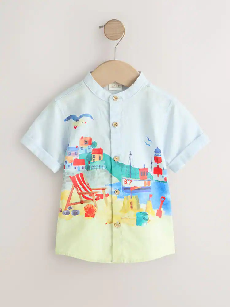 |Boy| Camisa De Manga Curta Com Estampa De Cena Litorânea Azul e Gola Padre (3 meses a 7 anos)