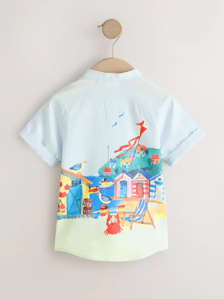 |Boy| Camisa De Manga Curta Com Estampa De Cena Litorânea Azul e Gola Padre (3 meses a 7 anos)