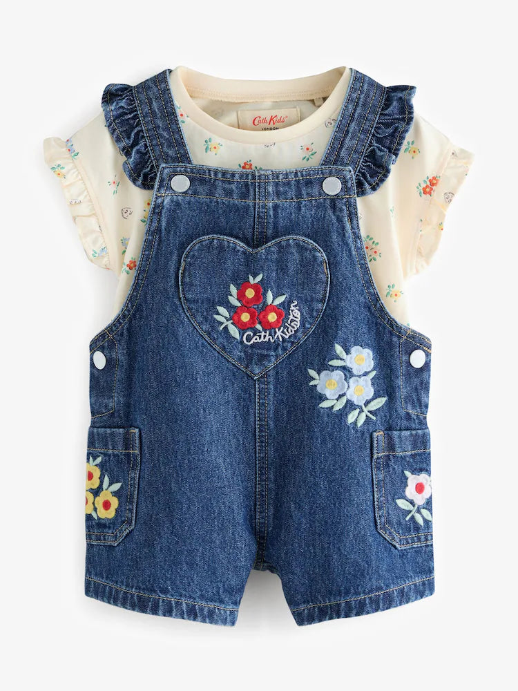 |Girl| Conjunto De Jardineira e Blusa Floral Em Jeans Cath Kidston (3 meses a 7 anos)