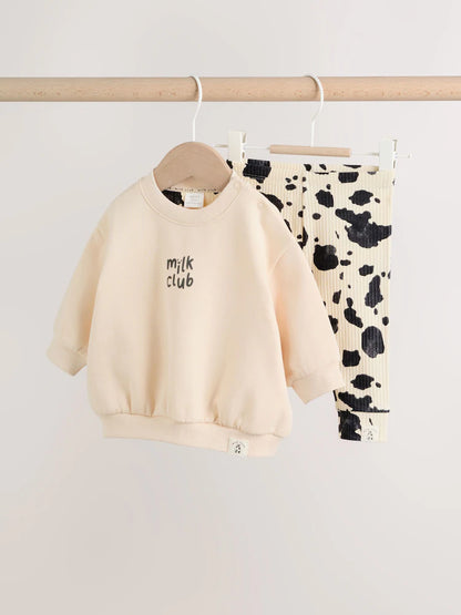 |BabyBoy| Conjunto De Moletom e Leggings Estampados Neutral/Cow Milk Club Para Bebês (0 meses a 2 anos)