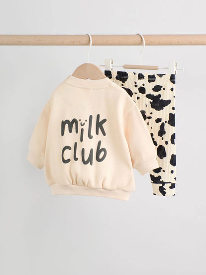 |BabyBoy| Conjunto De Moletom e Leggings Estampados Neutral/Cow Milk Club Para Bebês (0 meses a 2 anos)