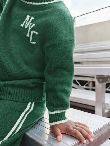 |Girl| Conjunto De Suéter De Gola Redonda e Calça De Moletom NYC Em Tricô Verde Escuro (3 meses a 7 anos)