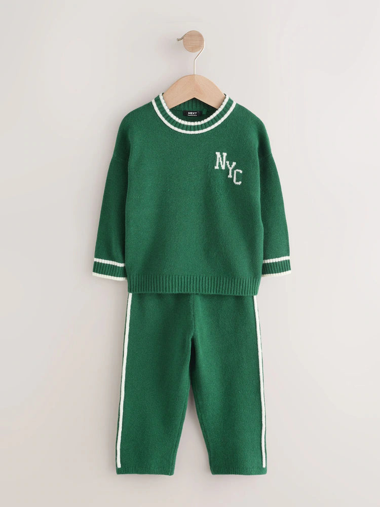 |Girl| Conjunto De Suéter De Gola Redonda e Calça De Moletom NYC Em Tricô Verde Escuro (3 meses a 7 anos)