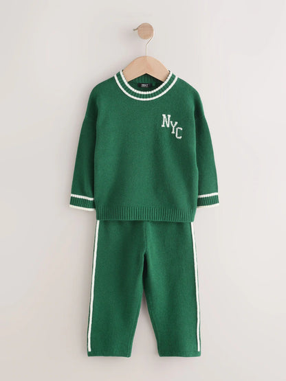 |Girl| Conjunto De Suéter De Gola Redonda e Calça De Moletom NYC Em Tricô Verde Escuro (3 meses a 7 anos)