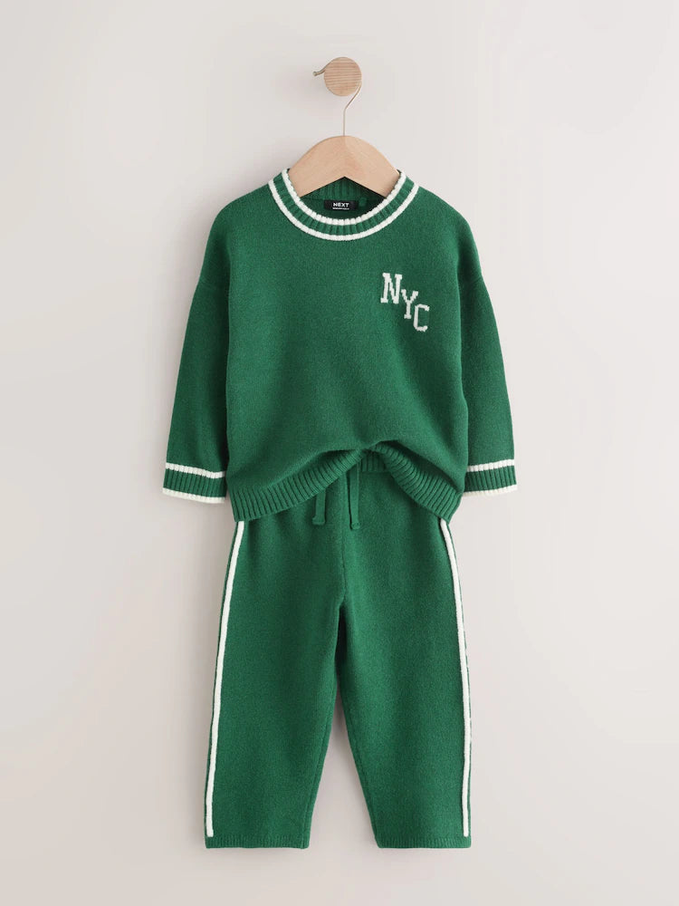 |Girl| Conjunto De Suéter De Gola Redonda e Calça De Moletom NYC Em Tricô Verde Escuro (3 meses a 7 anos)