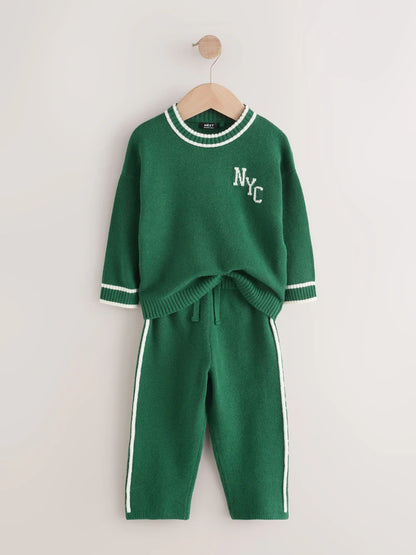 |Girl| Conjunto De Suéter De Gola Redonda e Calça De Moletom NYC Em Tricô Verde Escuro (3 meses a 7 anos)