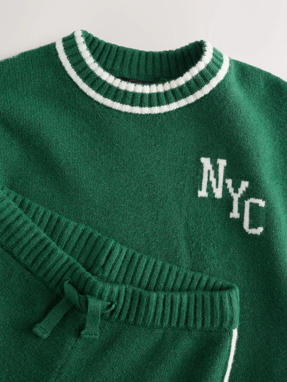 |Girl| Conjunto De Suéter De Gola Redonda e Calça De Moletom NYC Em Tricô Verde Escuro (3 meses a 7 anos)