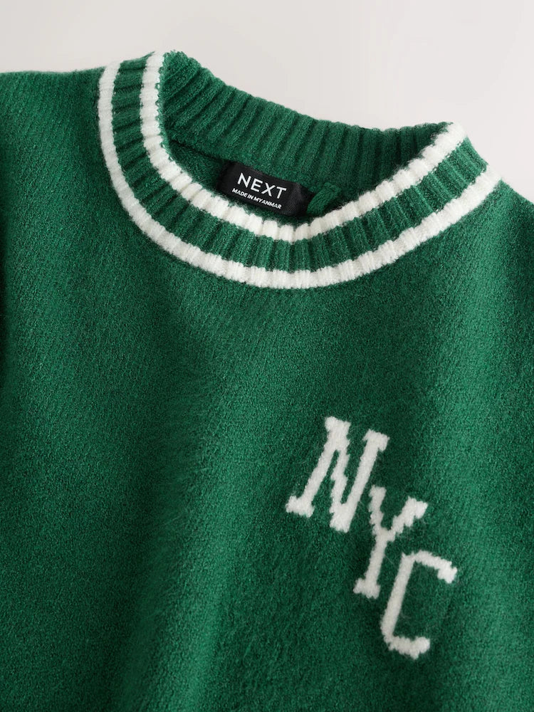 |Girl| Conjunto De Suéter De Gola Redonda e Calça De Moletom NYC Em Tricô Verde Escuro (3 meses a 7 anos)