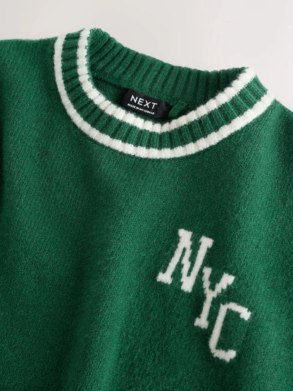 |Girl| Conjunto De Suéter De Gola Redonda e Calça De Moletom NYC Em Tricô Verde Escuro (3 meses a 7 anos)