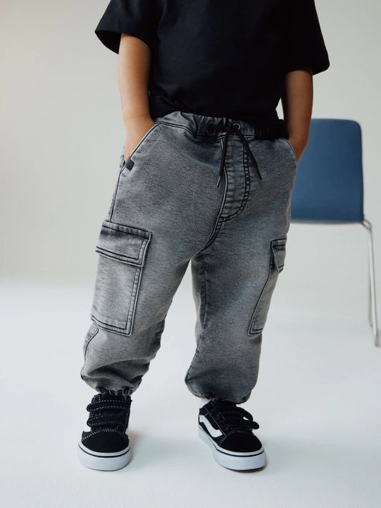 |Boy| Calças Cargo Largas e Confortáveis, Cinza, Com Elastano (3 meses a 7 anos)
