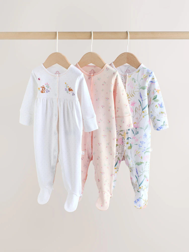 |BabyGirl| Conjunto De 3 Macacões Rosa Com Estampa De Coelhinho Para Bebês (0-2 anos)