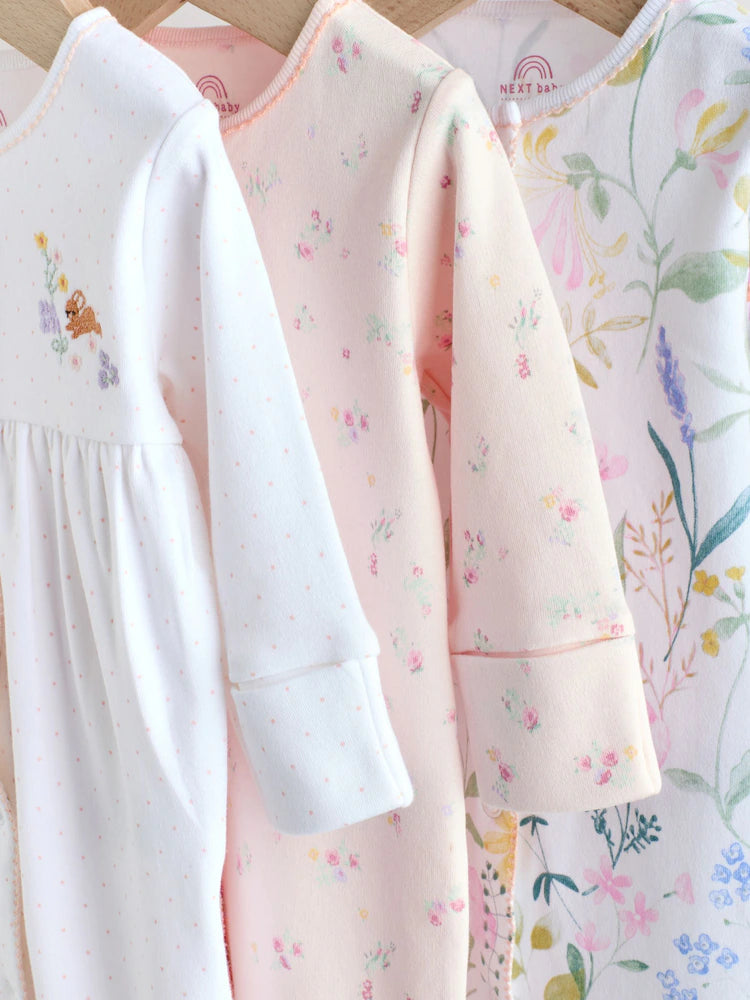 |BabyGirl| Conjunto De 3 Macacões Rosa Com Estampa De Coelhinho Para Bebês (0-2 anos)