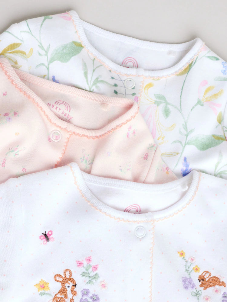 |BabyGirl| Conjunto De 3 Macacões Rosa Com Estampa De Coelhinho Para Bebês (0-2 anos)