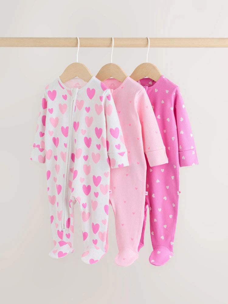 |BabyGirl| Conjunto De 3 Macacões De Dormir Rosa Com Zíper Duplo Para Bebês (0-2 anos)