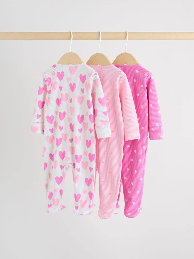 |BabyGirl| Conjunto De 3 Macacões De Dormir Rosa Com Zíper Duplo Para Bebês (0-2 anos)