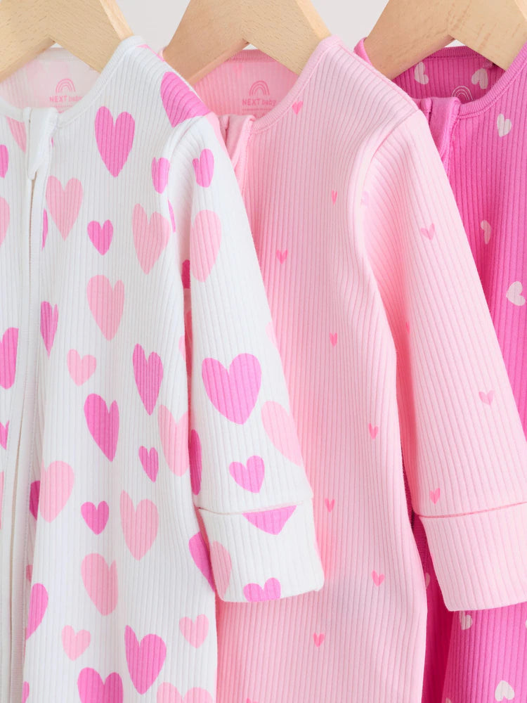 |BabyGirl| Conjunto De 3 Macacões De Dormir Rosa Com Zíper Duplo Para Bebês (0-2 anos)