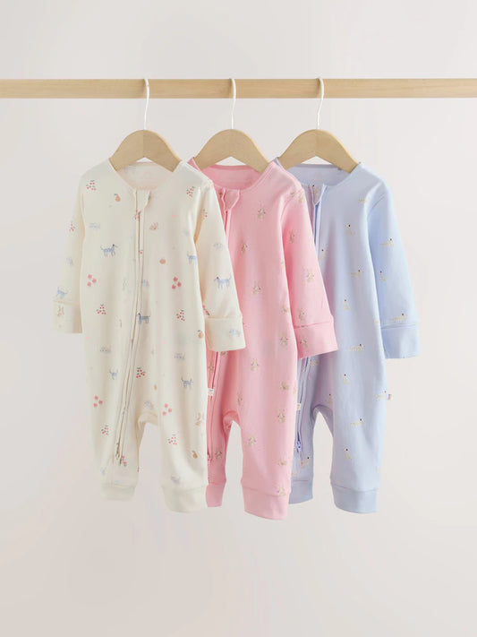 |BabyGirl| Conjunto Com 3 Macacões De Dormir Para Bebês Com Zíper Duplo e Estampas Em tons pastel (0 meses a 3 anos)