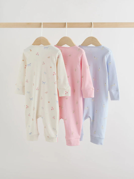 |BabyGirl| Conjunto Com 3 Macacões De Dormir Para Bebês Com Zíper Duplo e Estampas Em tons pastel (0 meses a 3 anos)