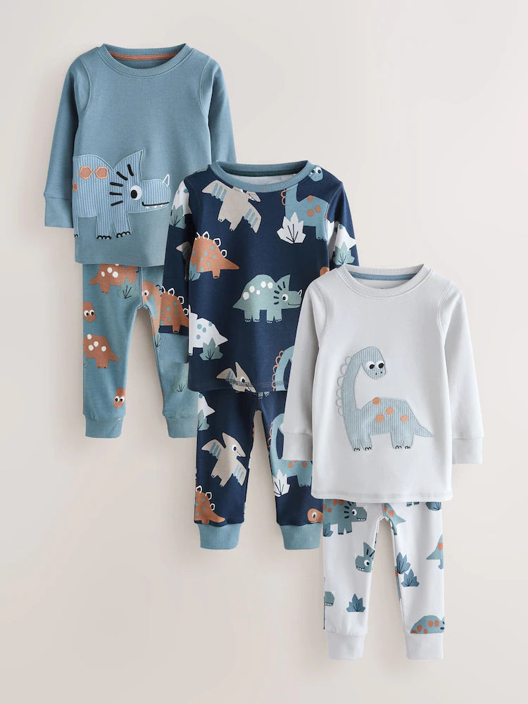 |Boy| Conjunto De 3 Pijamas Aconchegantes Com Estampa De Dinossauro Nas Cores Azul-Marinho e cinza (9 meses a 8 anos)