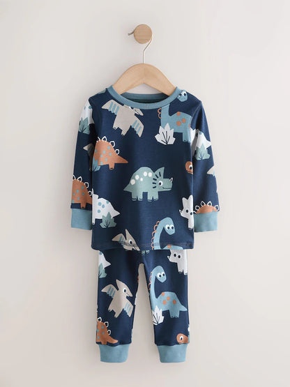 |Boy| Conjunto De 3 Pijamas Aconchegantes Com Estampa De Dinossauro Nas Cores Azul-Marinho e cinza (9 meses a 8 anos)