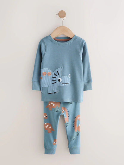 |Boy| Conjunto De 3 Pijamas Aconchegantes Com Estampa De Dinossauro Nas Cores Azul-Marinho e cinza (9 meses a 8 anos)