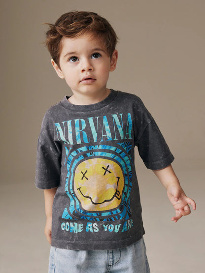 |Boy| Camiseta De Manga Curta Cinza Com Estampa Da Banda Nirvana (3 meses a 8 anos)